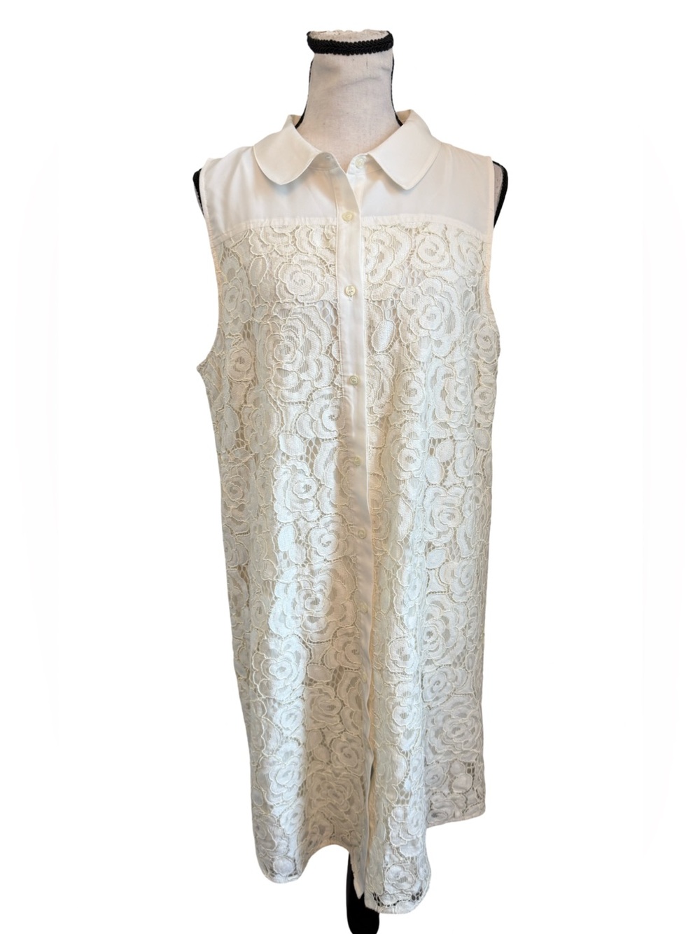 CeCe Cynthia Steffe L Ivory White Lace Sleeveless Collared Tunic Dress Top